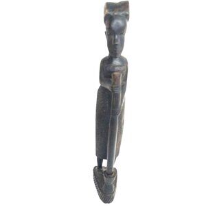 Hand-Carved Wooden African Tribal Woman Statue with Mortar & Pestle 12"